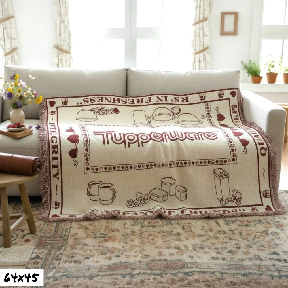 VTG Tupperware Promotional Throw‎ Blanket Afghan Tasseled White Maroon Red 64x45